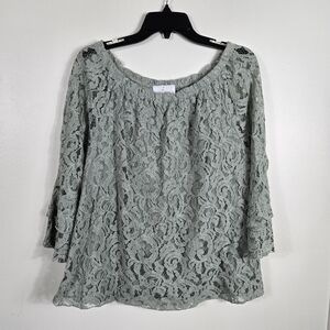 Belle France Women Sage Green Lace Bell Sleeves Boho Off the Shoulder Top Medium